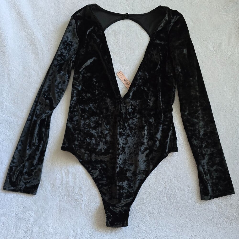NWT Victoria's Secret size M/L black velvet deep v neck thong open back bodysuit